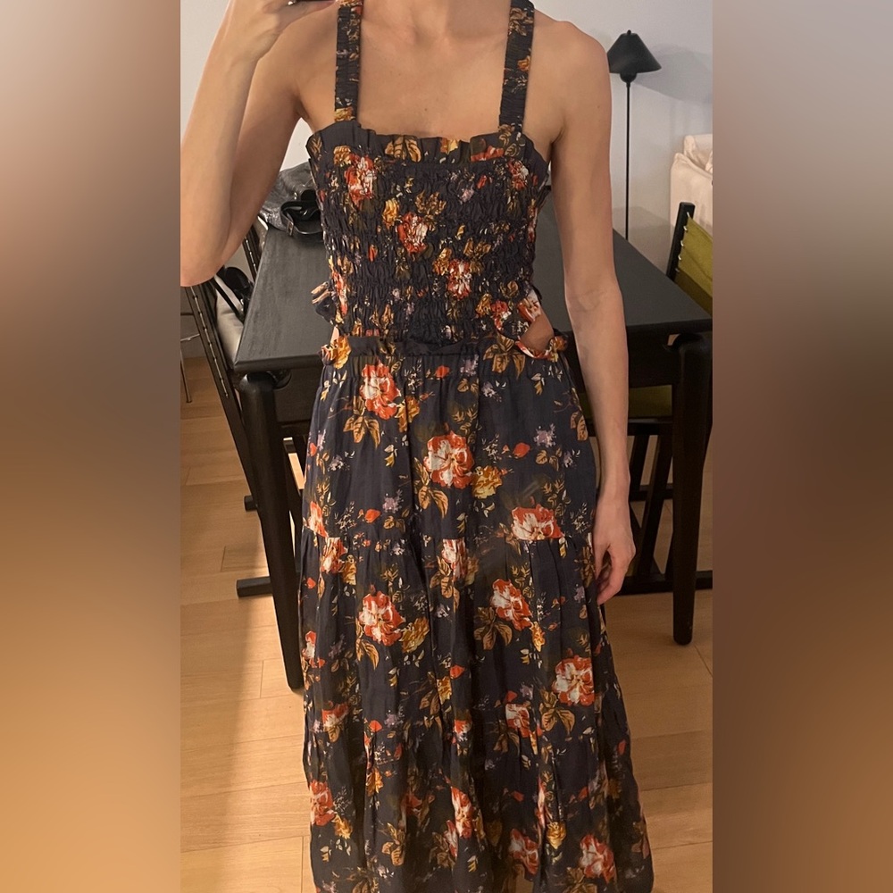 Sea New York Orange and Black Smocked Midi Dress